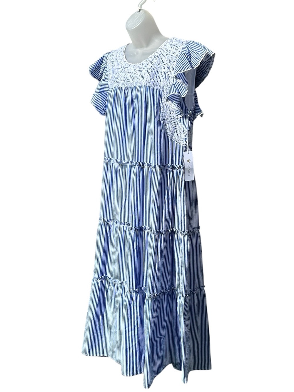 J MARIE Women L Julianna Blue White Stripe Embroidered Ruffles Tiered Midi Dress - Picture 2 of 9